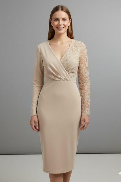 Elena | Elegant Midi Dress with Lace Sleeves and V Neckline