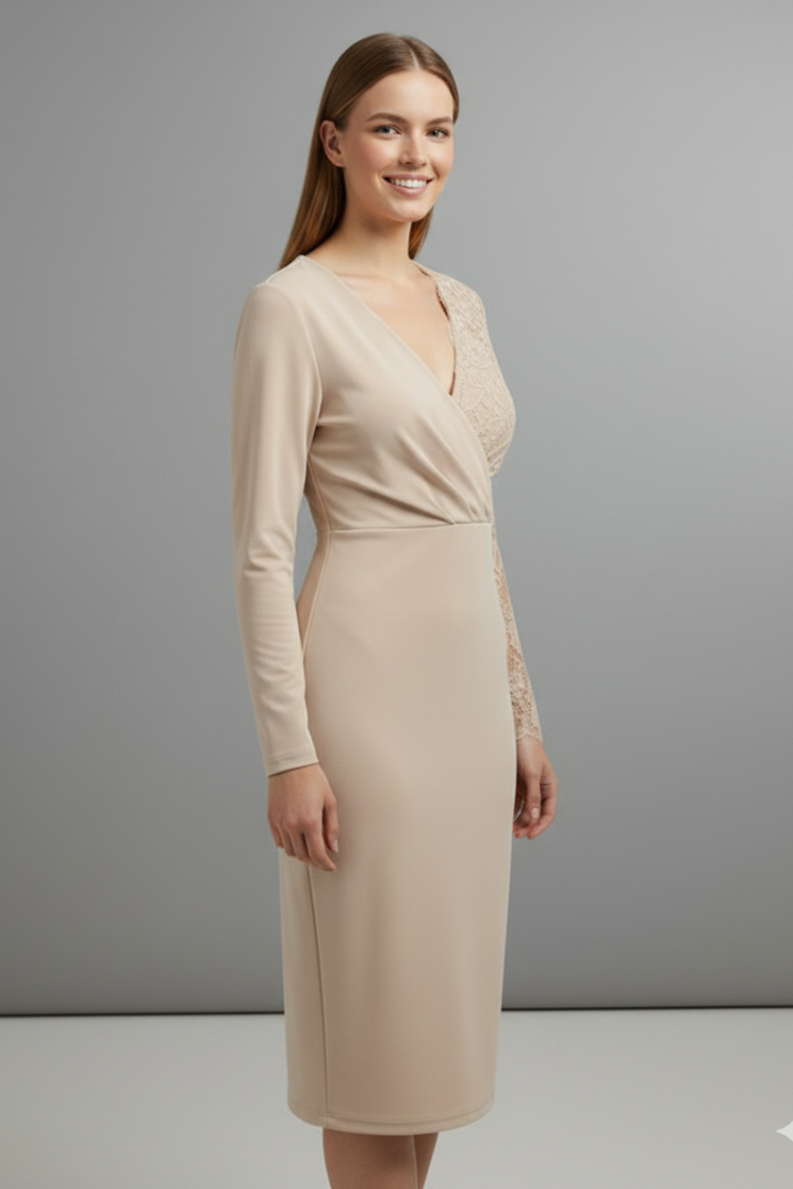 Elena | Elegant Midi Dress with Lace Sleeves and V Neckline