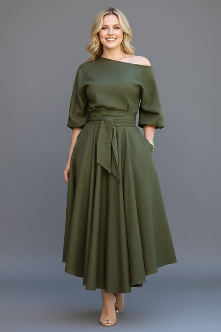 Livia | Off-Shoulder Midi Dress with Lantern Sleeves