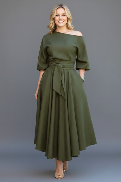 Livia | Off-Shoulder Midi Dress with Lantern Sleeves