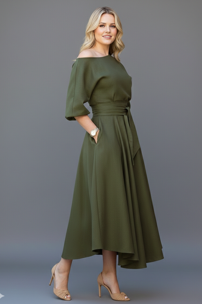 Livia | Off-Shoulder Midi Dress with Lantern Sleeves