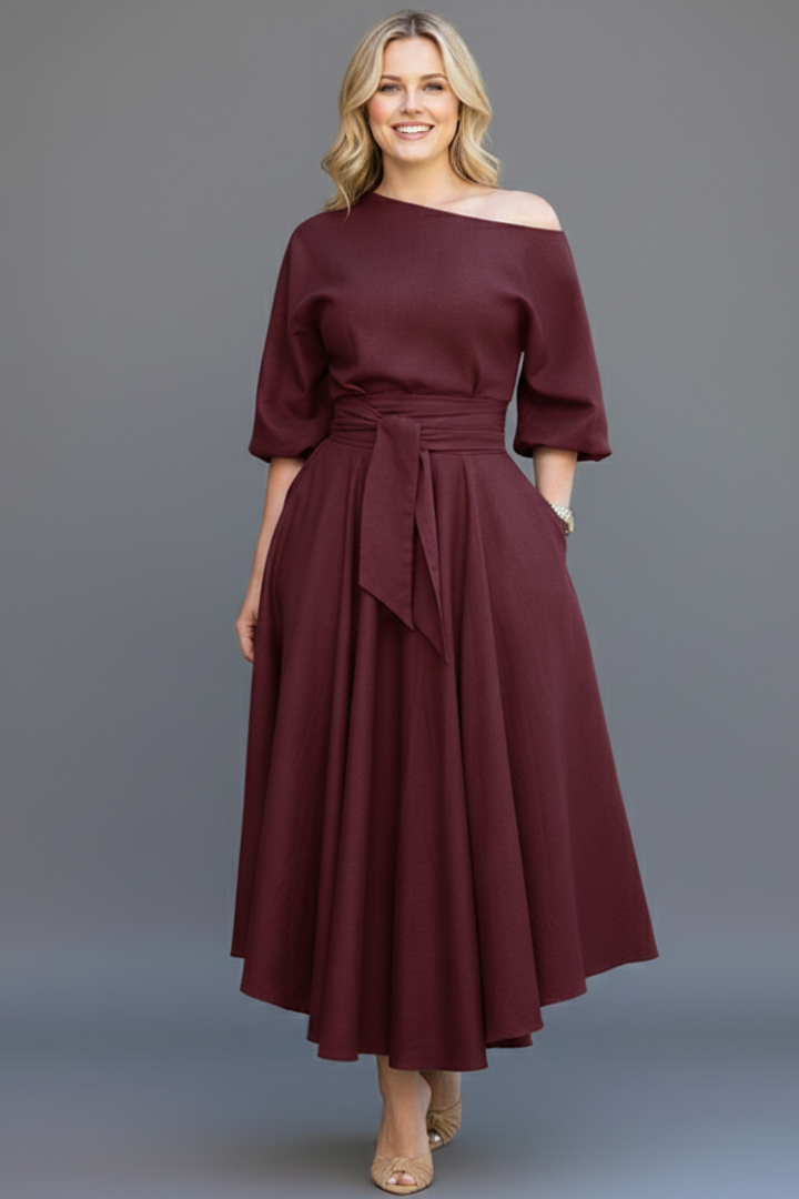 Livia | Off-Shoulder Midi Dress with Lantern Sleeves