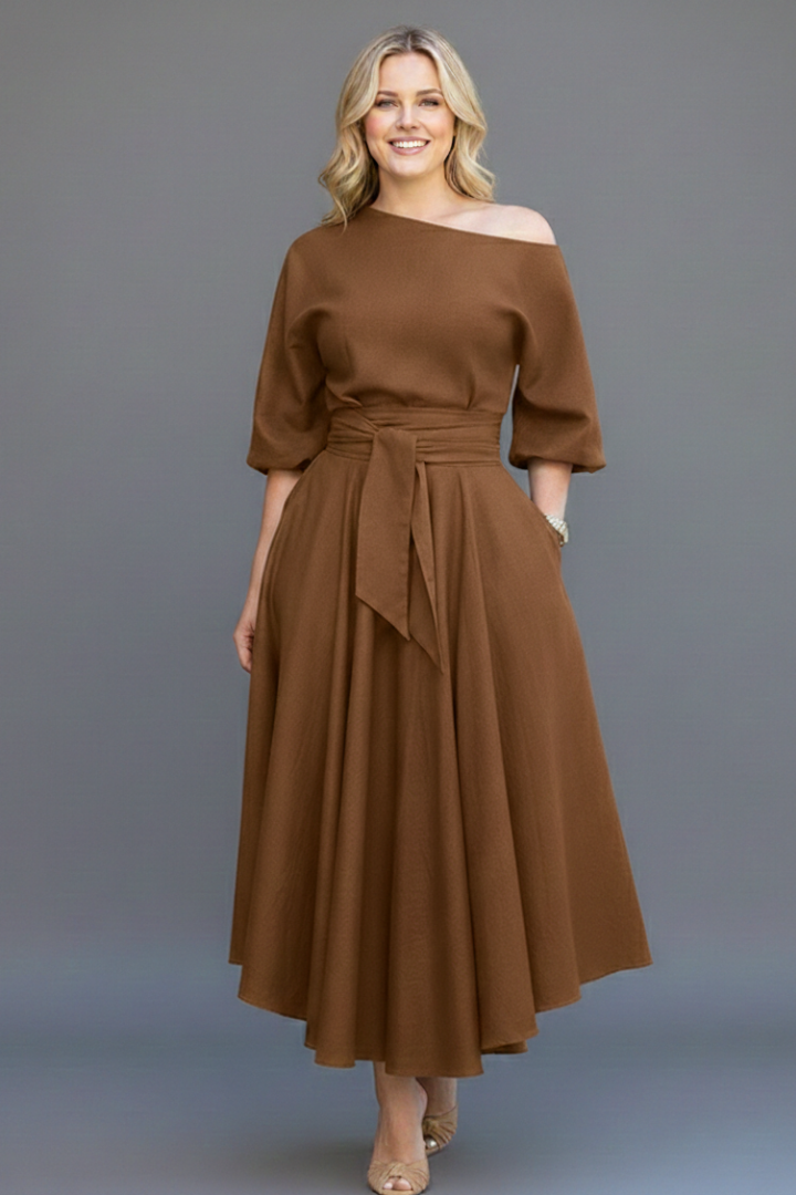 Livia | Off-Shoulder Midi Dress with Lantern Sleeves