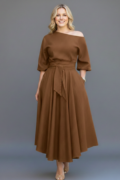 Livia | Off-Shoulder Midi Dress with Lantern Sleeves