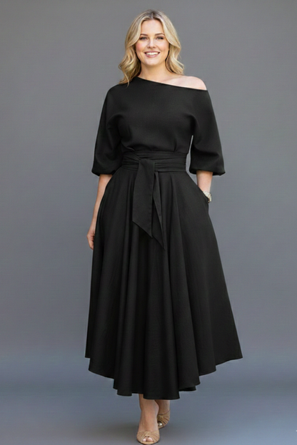 Livia | Off-Shoulder Midi Dress with Lantern Sleeves