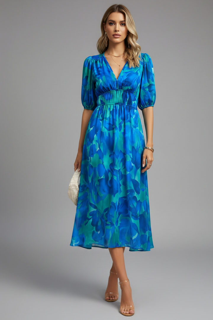 Elena | Floral Midi Dress with Puff Sleeves