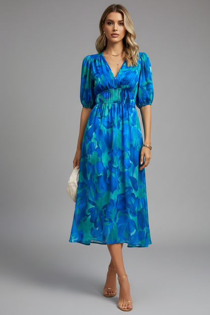 Elena | Floral Midi Dress with Puff Sleeves