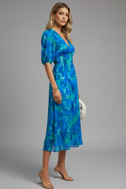 Elena | Floral Midi Dress with Puff Sleeves