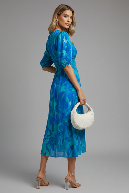 Elena | Floral Midi Dress with Puff Sleeves
