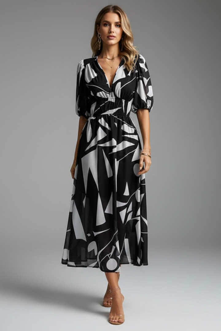 Elena | Floral Midi Dress with Puff Sleeves
