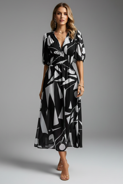 Elena | Floral Midi Dress with Puff Sleeves