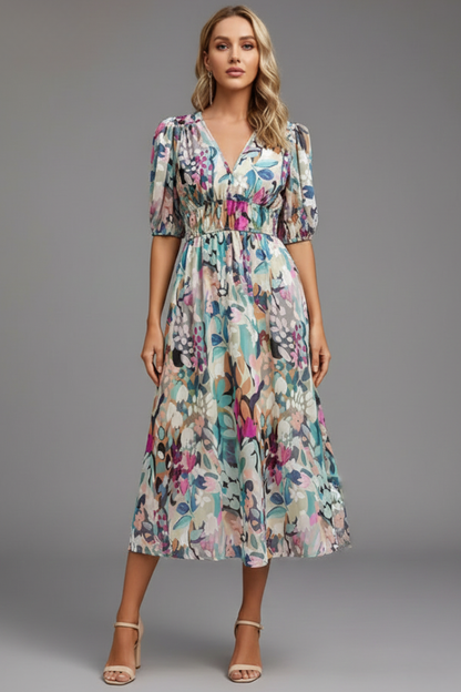 Elena | Floral Midi Dress with Puff Sleeves
