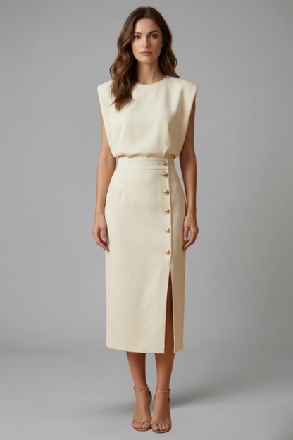 Lila | Elegant Midi Dress with Round Neck and Button Slit