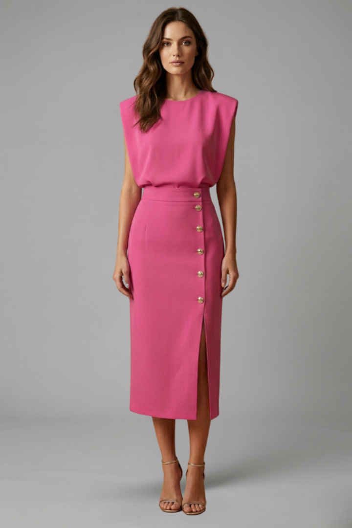 Lila | Elegant Midi Dress with Round Neck and Button Slit