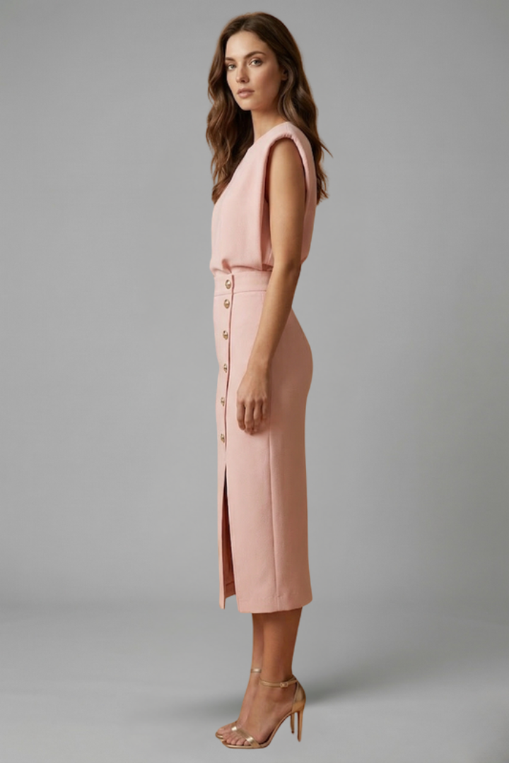 Lila | Elegant Midi Dress with Round Neck and Button Slit