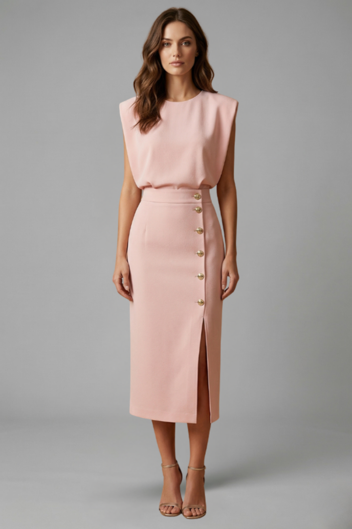 Lila | Elegant Midi Dress with Round Neck and Button Slit