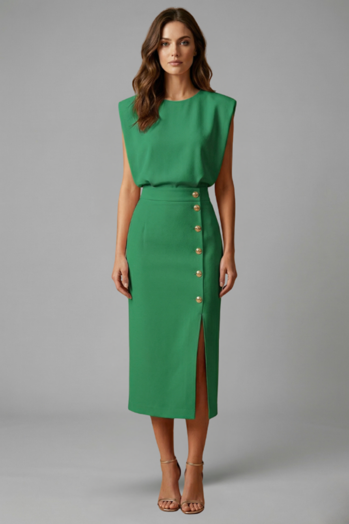 Lila | Elegant Midi Dress with Round Neck and Button Slit