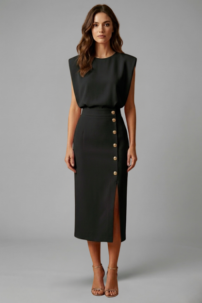 Lila | Elegant Midi Dress with Round Neck and Button Slit
