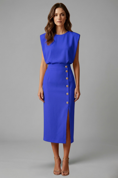 Lila | Elegant Midi Dress with Round Neck and Button Slit