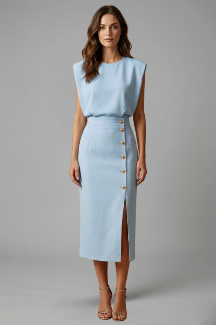 Lila | Elegant Midi Dress with Round Neck and Button Slit