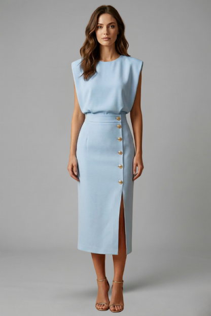 Lila | Elegant Midi Dress with Round Neck and Button Slit