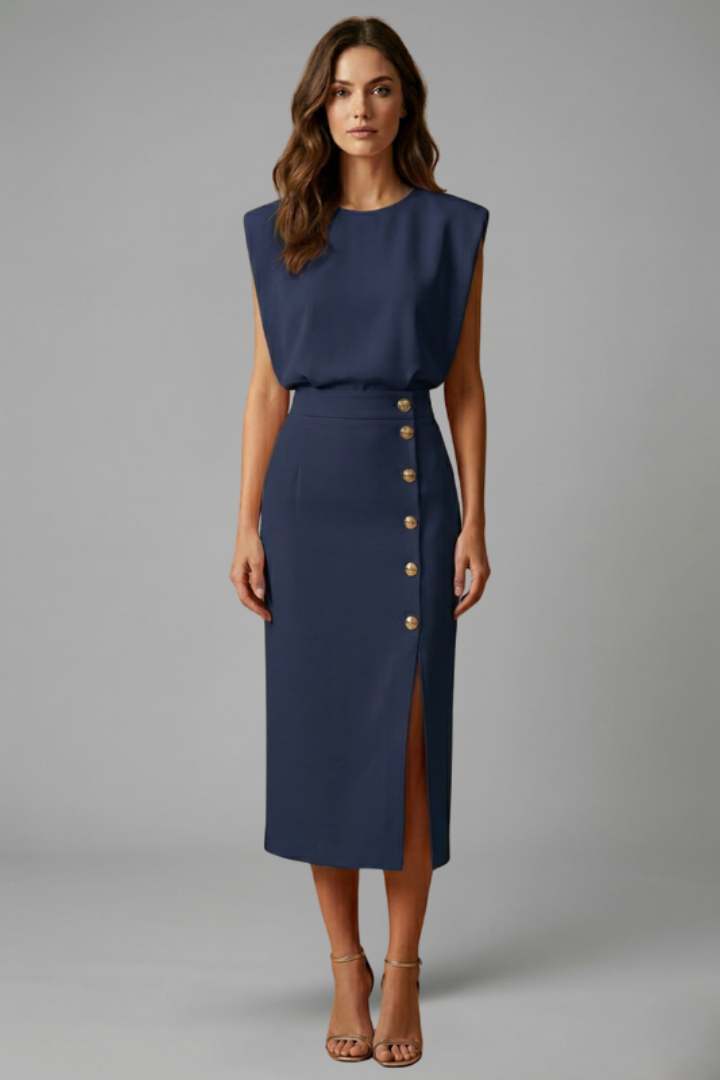 Lila | Elegant Midi Dress with Round Neck and Button Slit