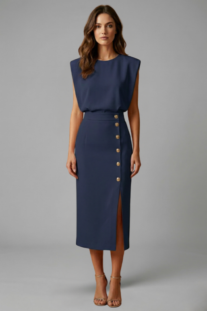 Lila | Elegant Midi Dress with Round Neck and Button Slit