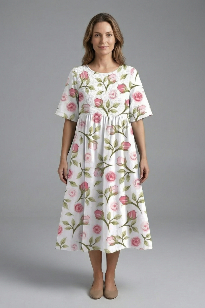 Lila | Floral Print Midi Dress with Round Neck