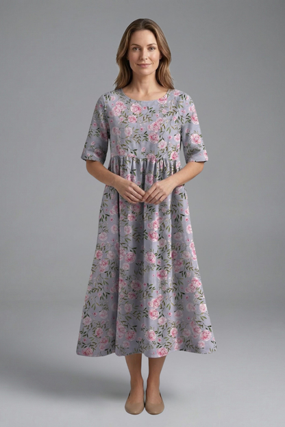 Lila | Floral Print Midi Dress with Round Neck