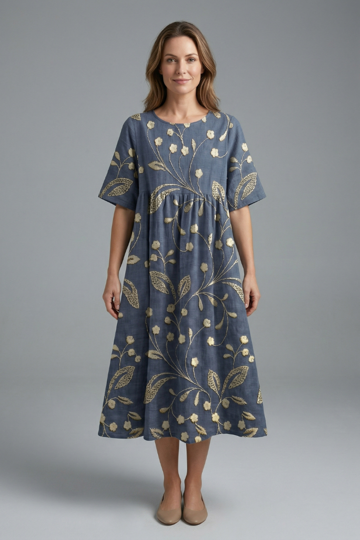 Lila | Floral Print Midi Dress with Round Neck