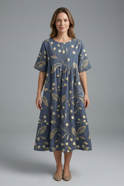 Lila | Floral Print Midi Dress with Round Neck