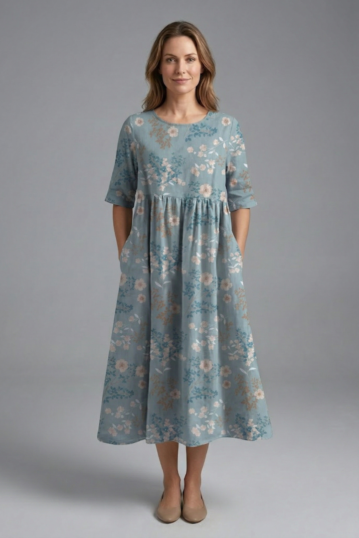 Lila | Floral Print Midi Dress with Round Neck