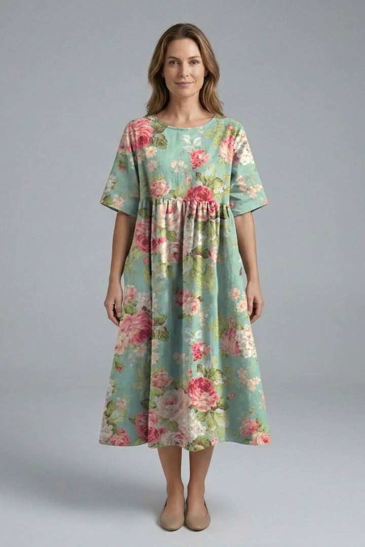 Lila | Floral Print Midi Dress with Round Neck