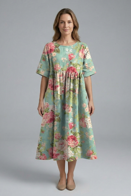 Lila | Floral Print Midi Dress with Round Neck