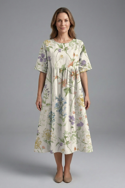 Lila | Floral Print Midi Dress with Round Neck