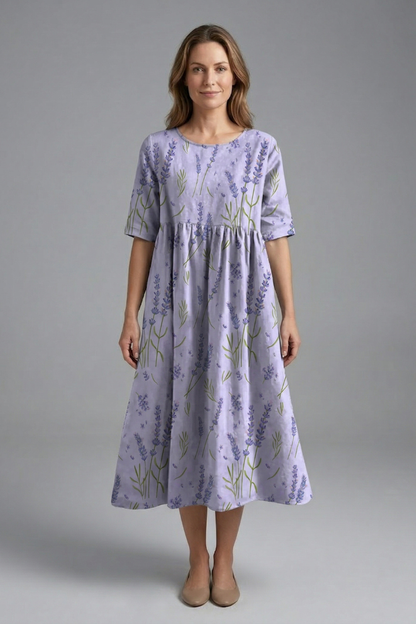 Lila | Floral Print Midi Dress with Round Neck