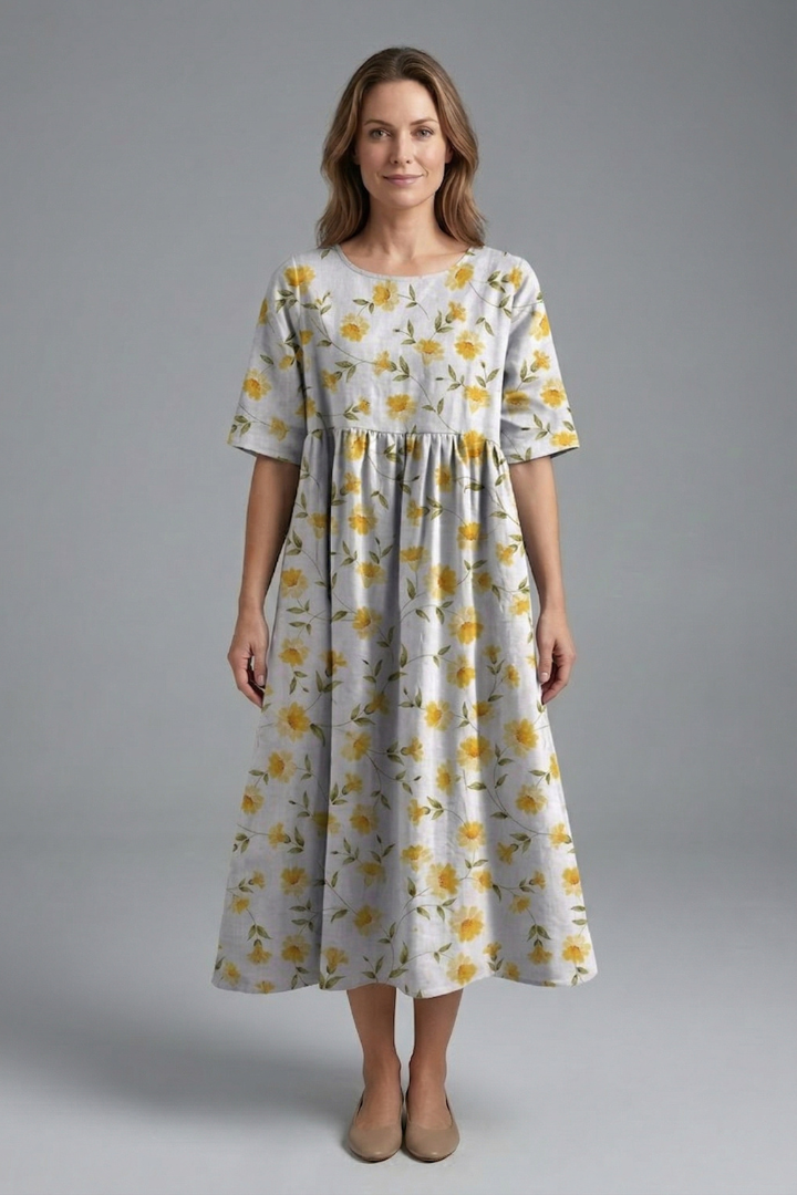Lila | Floral Print Midi Dress with Round Neck