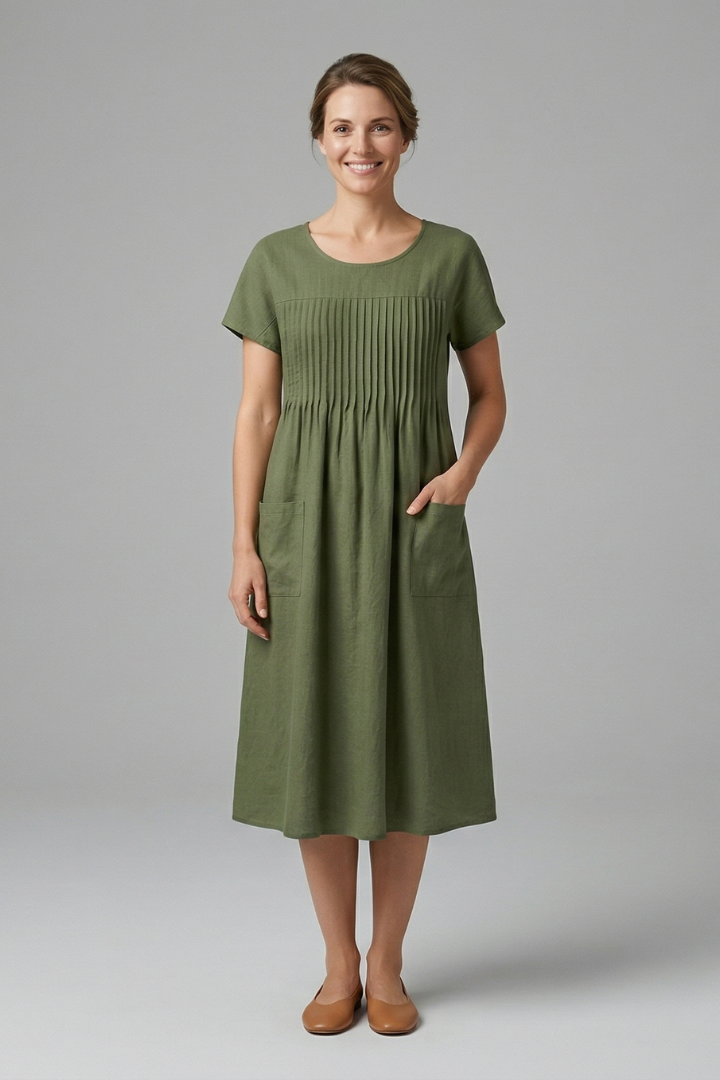 Lila | Chic Midi Dress with Short Sleeves and Pockets