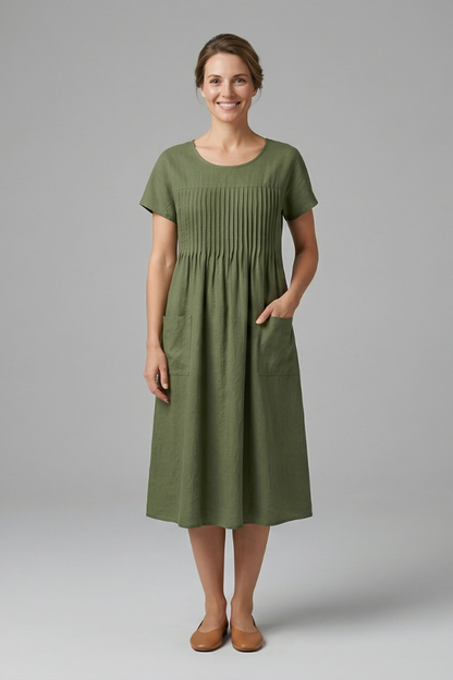 Lila | Chic Midi Dress with Short Sleeves and Pockets