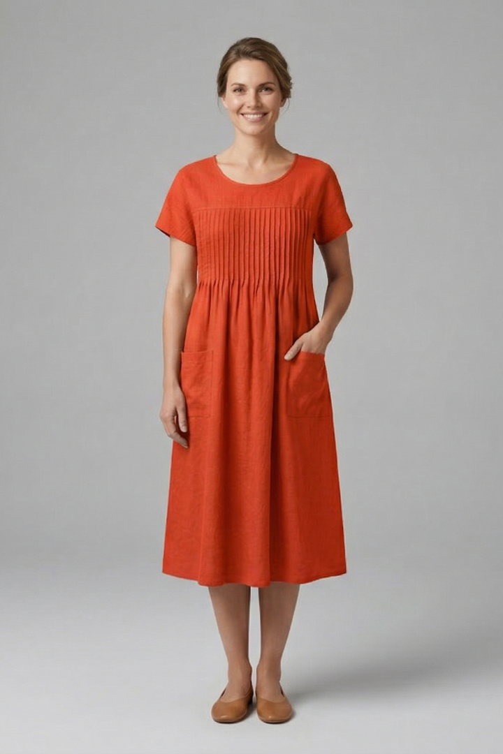 Lila | Chic Midi Dress with Short Sleeves and Pockets