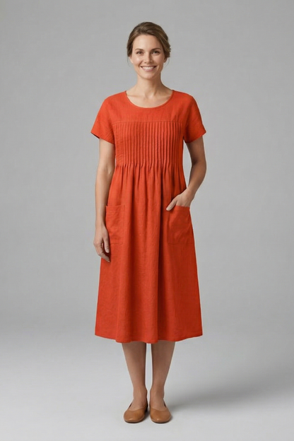 Lila | Chic Midi Dress with Short Sleeves and Pockets