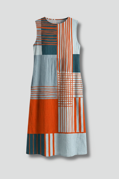 Luna | Geometric Print Midi Dress with Sleeveless Design
