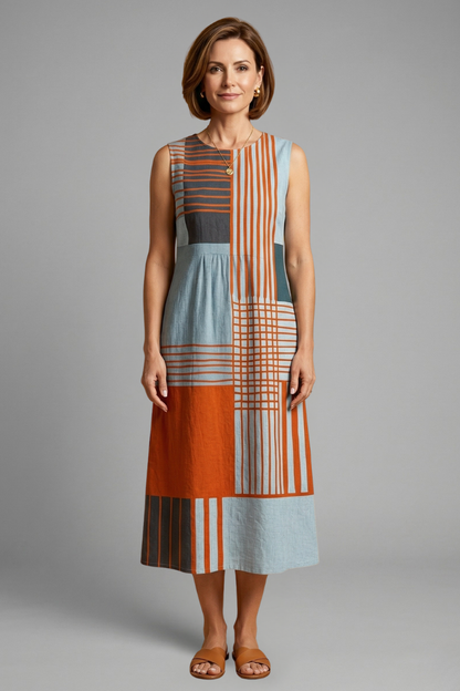 Luna | Geometric Print Midi Dress with Sleeveless Design