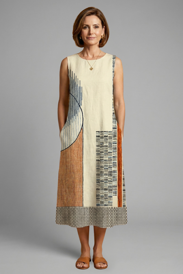 Luna | Geometric Print Midi Dress with Sleeveless Design