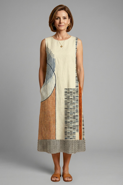 Luna | Geometric Print Midi Dress with Sleeveless Design