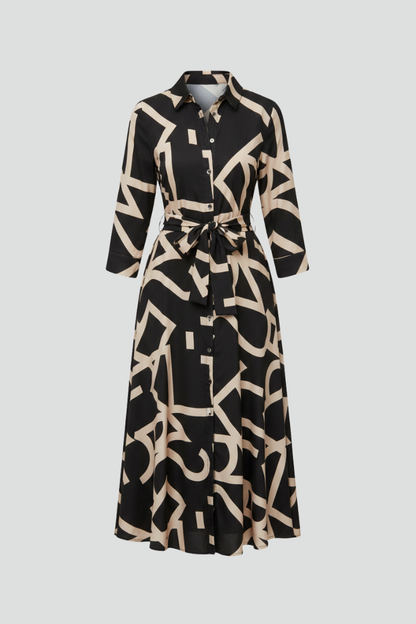 Lena | Elegant Midi Dress with Turned Collar and Waist Tie
