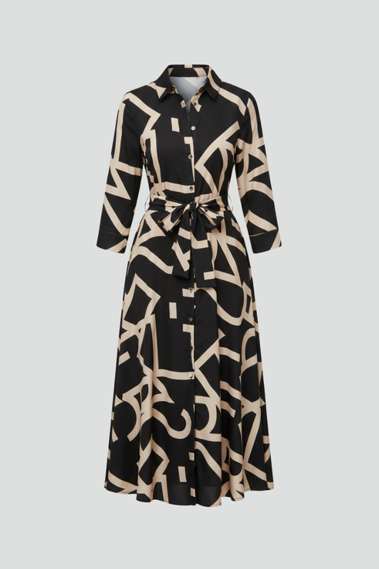 Lena | Elegant Midi Dress with Turned Collar and Waist Tie