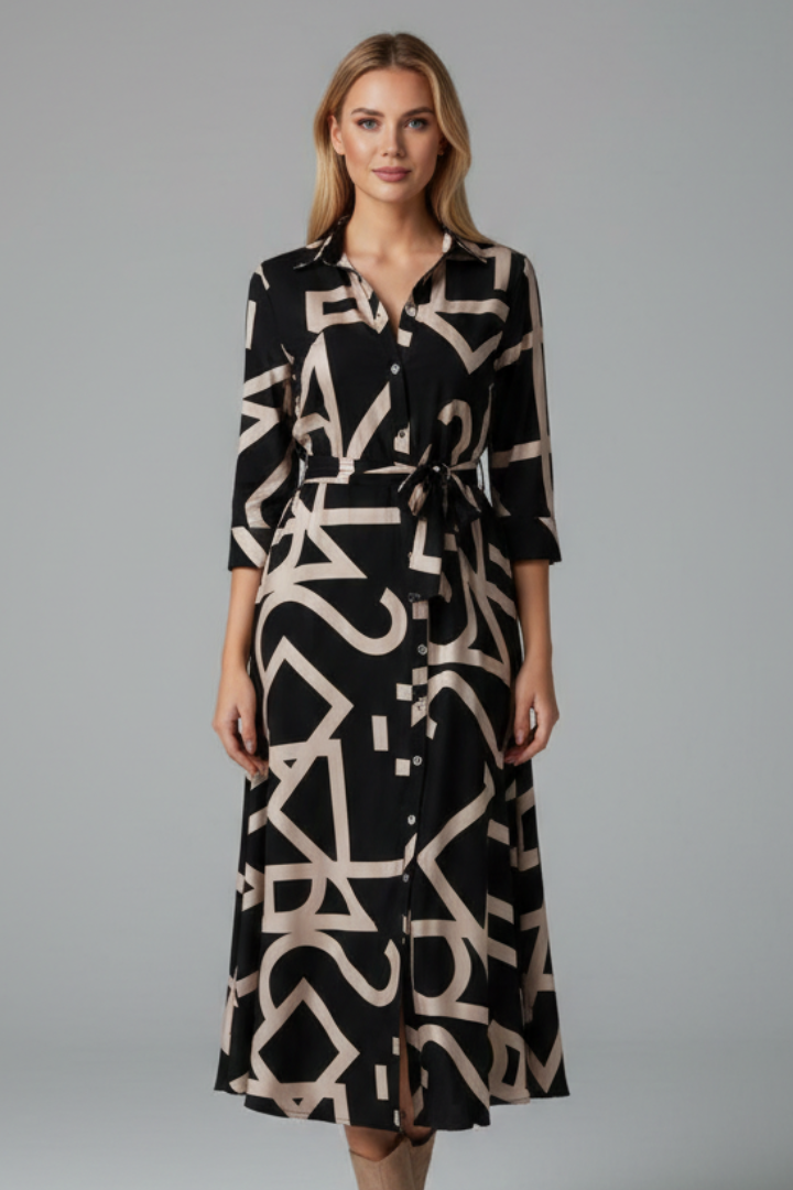 Lena | Elegant Midi Dress with Turned Collar and Waist Tie