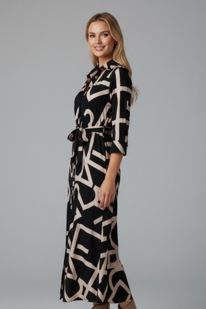 Lena | Elegant Midi Dress with Turned Collar and Waist Tie