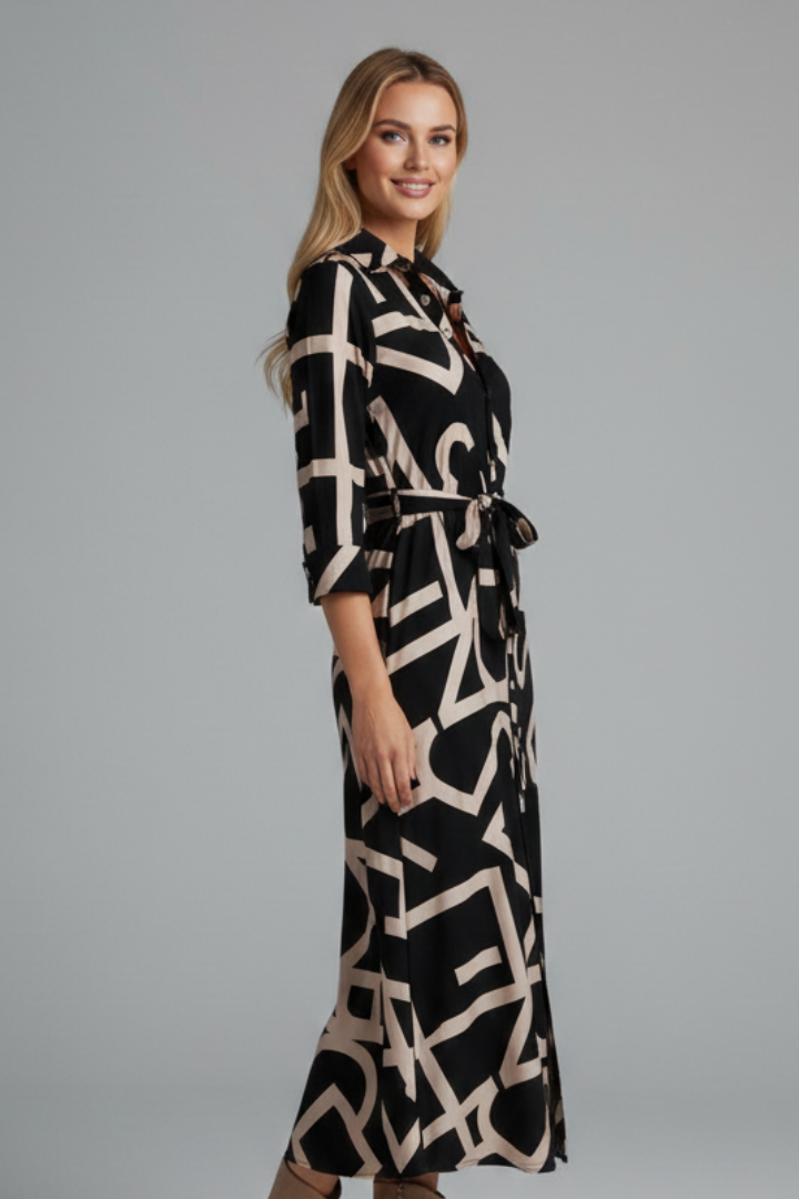 Lena | Elegant Midi Dress with Turned Collar and Waist Tie